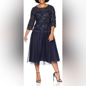New Alex Evenings Dress Sequins Soutache Embroidered Navy Sz 18W